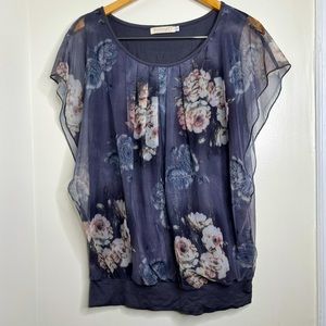 Floral Blouse Top w/ Sheer overlay Women’s size Large but fits smaller office